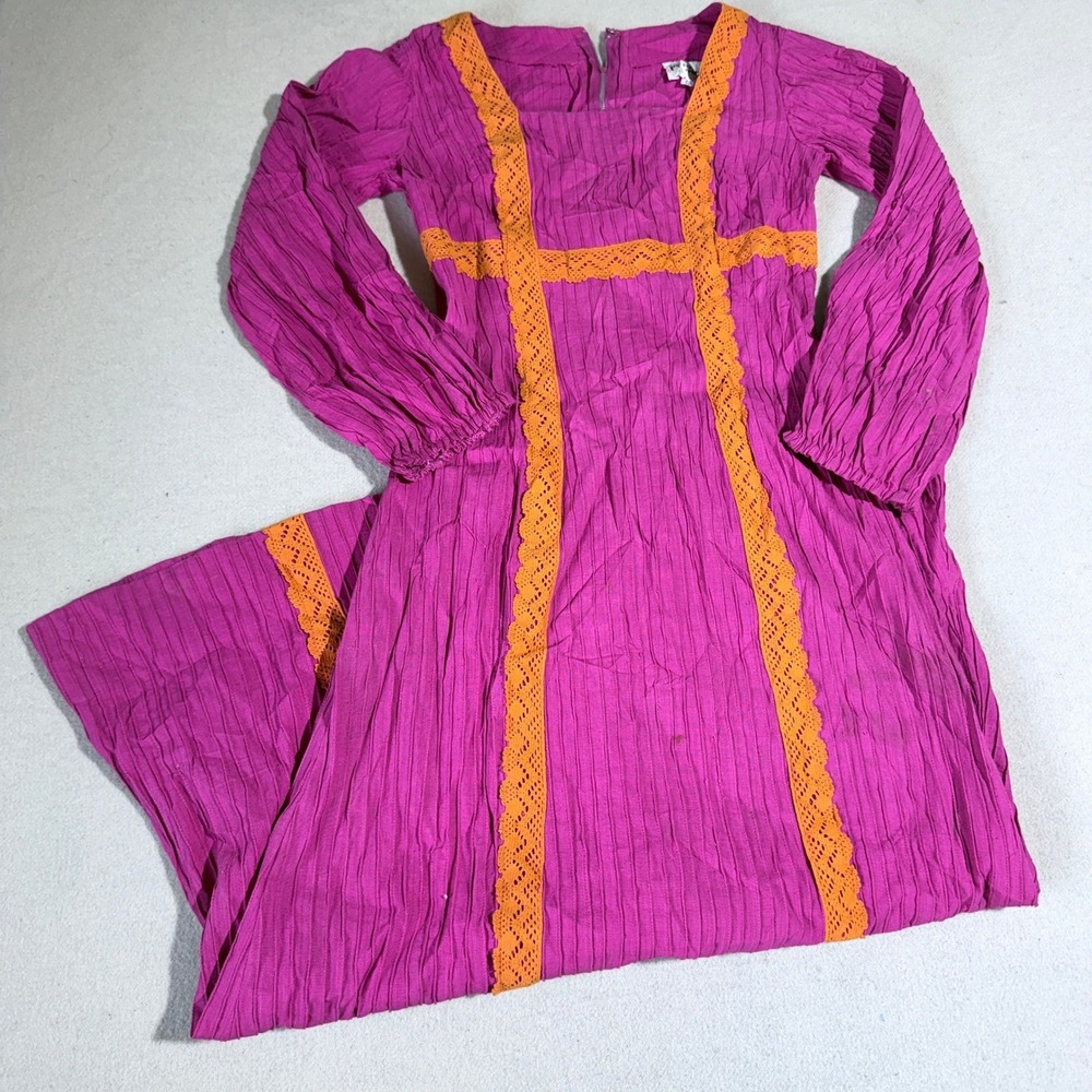 Vintage 70s Tachi Castillo Mexico Pink Lace Crinkle Cotton Maxi Dress Size 12